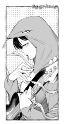  1girl animal_costume animal_hood bass_guitar commentary_request cosplay from_side futsuu_no_keion-bu greyscale guitar_strap gyogyo_kasien hand_up holding holding_bass_guitar holding_instrument hood hood_up inset_border instrument kigurumi kouyama_rin long_sleeves looking_at_viewer monochrome official_alternate_costume outside_border profile snake snake_costume solo tongue tongue_out twitter_username 