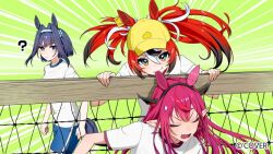  3girls ? baseball_cap biting biting_ear black_hair blue_eyes blue_hair blue_shorts bright_pupils closed_eyes colored_tips commentary_request copyright_notice crossed_bangs double-parted_bangs extra_ears hair_between_eyes hair_intakes hakos_baelz hat headband hololive hololive_english holopromise horns horse_girl horse_tail humi_kaga irys_(hololive) multicolored_hair multiple_girls official_art open_mouth ouro_kronii pointy_ears purple_hair red_hair shirt short_hair short_sleeves shorts streaked_hair t-shirt tail twintails uneven_twintails virtual_youtuber white_hair white_pupils white_shirt yellow_hat 