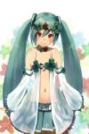  aqua_hair bad_id bare_shoulders clover detached_sleeves flat_chest four-leaf_clover hatsune_miku hisagi_hotaru project_diva project_diva_2nd red_eyes see-through solo twintails vocaloid 
