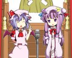  2girls bat_wings blue_hair closed_eyes long_hair manzai microphone microphone_stand multiple_girls open_mouth patchouli_knowledge purple_eyes purple_hair remilia_scarlet rioshi short_hair smile the_embodiment_of_scarlet_devil touhou violet_eyes wings 