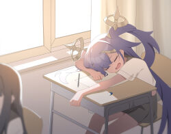  2girls absurdres black_hair black_sailor_collar black_skirt chair classroom closed_eyes commentary cropped_shirt curtains desk dot_nose eraser feet_out_of_frame floating floating_object hair_between_eyes head_on_arm head_rest highres indoors kaminari_(edeath) long_hair mechanical_pencil midriff_peek multiple_girls nephtim_(world_flipper) open_mouth outstretched_arm paper pencil pleated_skirt purple_hair raised_inner_eyebrows sailor_collar school_chair school_desk school_uniform serafuku shirt short_sleeves sidelocks sitting skirt sleeping sleeping_on_desk solo_focus thighs two_side_up very_long_hair white_background white_shirt window world_flipper 