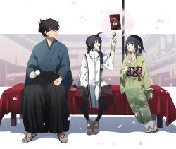 1boy 1girl 1other absurdres ahoge amulet androgynous black_hair black_hakama blue_kimono book bracelet braid braided_hair_rings braided_ponytail command_spell commentary_request crimson_codex_(fate) dango falling_petals fate/samurai_remnant fate_(series) food green_kimono hair_intakes hair_rings hakama highres japanese_clothes jewelry katana kimono miyamoto_iori_(fate) necklace ninjin_(ne_f_g_o) obi ogasawara_kaya petals print_kimono sandals sanshoku_dango sash sidelocks sitting smile sweat sword topknot wagashi waraji weapon yamato_takeru_(fate) zouri 