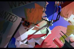  1boy adversarial_noise black_pants black_shoes blood blood_on_arm blue_hoodie brown_hair checkered_footwear chinese_commentary chromatic_aberration commentary_request day eddsworld english_text from_above from_behind full_body future_tord_(eddsworld) highres holding holding_polearm holding_weapon hood hood_down hoodie long_sleeves male_focus pants polearm poster_(object) puffy_long_sleeves puffy_sleeves shoes short_hair single_bare_arm single_bare_shoulder spear spoilers standing tom_(eddsworld) tord_(eddsworld) very_short_hair weapon xic94 