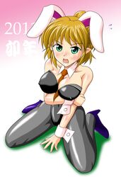  2011 animal_ears bare_shoulders black_legwear blonde_hair breasts bunny_ears bunny_girl bunnysuit green_eyes high_heels mizuhashi_parsee pantyhose pointy_ears shoes short_hair solo touhou wrist_cuffs yohinori 