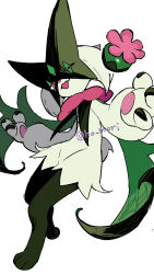  1other :d animal_hands cape claws flower furry green_fur green_hair half-closed_eyes harurie highres looking_at_viewer mask meowscarada open_mouth other_focus pawpads pink_eyes pink_flower pokemon pokemon_(creature) short_hair short_tail simple_background smile solo standing tail two-tone_fur white_background 