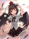  1girl bangs black_wings blush bob_cut bowtie brown_hair camera dress_shirt face fang feathers female hand_on_hip hat holding_camera momoko_(momopoco) one_eye_closed open_mouth pom_pom_(clothes) pom_pom_(clothing) shameimaru_aya shirt skirt smile solo sunset tokin_hat touhou upper_teeth wings wink 