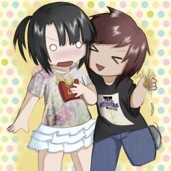  2000s_(style) absurdres attack_attack_(band) black_hair black_shirt brown_hair chibi denim food french_fries happy highres holding holding_food jeans mcdonald&#039;s open_mouth original pants pyopyopop shirt skirt surprised white_skirt 