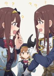  3girls ? aiguillette ascot black_gloves blue_jacket blush bow bowtie brown_eyes brown_hair cellphone closed_mouth dual_persona etoile_brilliant_(idolmaster) eye_contact face-to-face fingernails from_side gloves hairband holding holding_phone idolmaster idolmaster_million_live! idolmaster_million_live!_theater_days jacket jitome kusugi_tai long_hair long_sleeves looking_at_another multiple_girls official_alternate_costume open_mouth orange_hair phone profile red_bow red_bowtie short_hair simple_background smartphone standing striped_bow striped_bowtie striped_clothes sweatdrop tanaka_kotoha white_ascot white_background yabuki_kana 