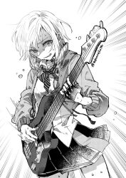  1girl bass_guitar black_skirt bow bowtie breasts collared_shirt commentary_request cowboy_shot fingerless_gloves gloves greyscale grin guitar_strap half_gloves hinomori_shiho holding holding_instrument instrument jacket long_sleeves looking_at_object monochrome music open_clothes open_jacket playing_bass_guitar playing_instrument pleated_skirt project_sekai shirt short_hair sidelocks single_glove skirt small_breasts smile solo standing striped_bow striped_bowtie striped_clothes sweat sweatdrop tadano_kagekichi twitter_username untucked_shirt white_shirt 