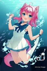  1girl :d ahoge air_bubble animal_ear_fluff animal_ears anime_onegai aqua_eyes aqua_hair blue_neckerchief blue_sailor_collar blush bubble cat_ears cat_girl cat_tail caustics colored_inner_hair commentary copyright_name copyright_notice dress fang fang_out fish floating fluffy_tail full_body highres kneehighs looking_at_viewer medium_hair multicolored_hair nagi_no_asukara nami_junior_high_school_uniform neckerchief nina_amaki no_shoes nyami_g official_art official_wallpaper pink_hair pink_tail pleated_dress sailor_collar sailor_dress school_uniform scrunchie sleeveless sleeveless_dress smile socks solo symbol-only_commentary tail underwater w_arms white_dress white_socks wrist_scrunchie 