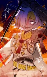  1girl ascot belt blonde_hair blood blood_in_hair blue_background fire gauntlets guido_(project_moon) hair_over_one_eye highres holding holding_nail kromer_(project_moon) lihua_miliki limbus_company long_sleeves looking_at_viewer multicolored_hair nail_(hardware) open_mouth pants project_moon shirt short_hair simple_background solo standing streaked_hair upper_body white_eyes white_hair white_pants white_shirt yellow_ascot yellow_belt 