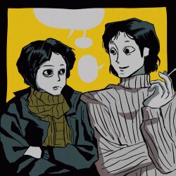  2boys black_border black_hair black_jacket blank_speech_bubble bob_cut border brown_scarf cigarette coat coat_guy_(no_i&#039;m_not_a_human) colored_skin crossed_arms crossover dog01pile eye_contact film_grain hand_up hashtag-only_commentary hell_is_other_people highres holding holding_cigarette jacket long_sleeves look-alike looking_at_another male_focus mature_eyes mole mole_under_mouth multiple_boys no_i&#039;m_not_a_human open_clothes open_jacket parted_bangs parted_lips ribbed_shirt ribbed_sweater scarf seo_moon-jo shirt short_eyebrows short_hair side-by-side smile speech_bubble sweater turtleneck turtleneck_sweater upper_body white_skin white_sweater winter_clothes winter_coat yellow_background 