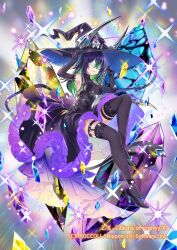  1girl armpits bandages bandages_over_eyes bare_shoulders black_dress black_gloves black_shoes black_thighhighs blindfold blue_gemstone blue_hair breasts closed_mouth copyright_notice covered_eyes dress elbow_gloves frilled_dress frills gem gloria_(z/x) gloves green_hair hands_on_headwear hat hat_ornament high_heels highres long_hair multicolored_dress multicolored_hair official_art purple_dress purple_gemstone see-through_cleavage see-through_clothes shoes solo sparkle thigh-highs toh. witch_hat yellow_gemstone z/x 