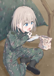 1girl absurdres amama_(pcnk4878) bare_tree black_boots blue_eyes blush boots camouflage camouflage_jacket camouflage_pants commission eating field_ration food food_on_face green_jacket grey_hair hands_up highres holding holding_food holding_spoon idolmaster idolmaster_shiny_colors indian_style jacket looking_at_food military military_fatigues military_jacket military_uniform on_ground open_mouth outdoors pants republic_of_korea_army serizawa_asahi shoe_soles short_hair sitting skeb_commission solo spoon tent tree 