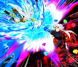 1boy 1girl aged_up alternate_design animal_ears animal_nose battle black_dress blue_eyes body_fur bracelet chaos_emerald dress epic furry furry_male glitch gloves gold_bracelet grey_fur hair_over_one_eye hedgehog_boy highres jewelry kad_productions long_hair long_sleeves multicolored_hair one_eye_covered red_eyes red_hair sage_(sonic) short_tail silver_the_hedgehog sonic_(series) sonic_frontiers sonic_the_hedgehog_(2006) tail telekinesis white_gloves white_hair