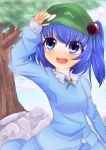  blue_eyes blue_hair hat highres kawashiro_nitori kyuushiki solo touhou tree 