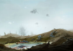  4boys absurdres battle battlefield blue_sky day death french_army highres hill johan_aronson military_uniform multiple_boys original painting_(medium) puddle scenery sky smoke soldier taking_cover traditional_media water world_war_i 