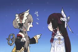  1girl automaton_(object) black_dress black_hair brown_hair closed_eyes closed_mouth columbina_(genshin_impact) detached_sleeves dress facing_another genshin_impact gloves highres light_smile long_hair long_sleeves looking_at_another open_mouth pink_hair pointing pointing_at_another sandrone_(genshin_impact) short_hair_with_long_locks very_long_hair white_dress white_gloves white_headdress xinzoruo 