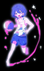  1boy :d ball bare_arms bare_legs bare_shoulders barefoot beachball black_background blood blush checkered_clothes checkered_shirt commentary double-parted_bangs english_commentary fang film_grain grey_outline hair_behind_ear hair_between_eyes highres holding holding_ball holding_beachball kel_(headspace)_(omori) kel_(omori) male_focus my_loleeta omori open_mouth outline pink_blood pink_shirt purple_hair purple_shirt purple_shorts shirt short_hair shorts simple_background sleeveless sleeveless_shirt smile solo sparkle toes violet_eyes white_shirt wide-eyed 