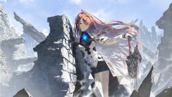  1girl ahoge asymmetrical_dress bare_shoulders blue_fire blue_hair breasts brick_wall colored_inner_hair commentary day dress elizabeth_rose_bloodflame elizabeth_rose_bloodflame_(1st_costume) fagi_(kakikaki) fire fire_on_chest floating_hair greatsword halterneck hand_on_hilt hand_rest hashtag-only_commentary highres hololive hololive_english huge_ahoge leaning_on_object long_hair looking_at_viewer medium_breasts multicolored_hair outdoors parted_lips planted planted_sword red_eyes red_hair rubble see-through_clothes see-through_dress sidelocks solo sunlight sword thorn_(elizabeth_rose_bloodflame) weapon white_dress 