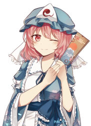  1girl artist_name blue_bow blue_dress blue_hat blue_ribbon blue_sash blush bow breasts collar dress frills hagoita hair_between_eyes hat holding koto_(shiberia39) long_sleeves mob_cap one_eye_closed paddle pink_eyes puffy_long_sleeves puffy_sleeves ribbon saigyouji_yuyuko sash simple_background sleeve_cuffs solo touhou veil white_background white_collar 