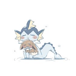  animal_focus blue_fur blush brown_fur cetacean_tail closed_eyes closed_mouth eevee fins fish fish_in_mouth fish_tail foznya full_body head_fins highres holding no_humans pokemon pokemon_(creature) pokemon_focus simple_background tail vaporeon white_background 