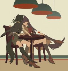  2girls animal_ears arknights bang_dream! bang_dream!_it&#039;s_mygo!!!!! black_hair black_socks brown_jacket brown_shoes brown_shorts chair commentary crossed_legs cup drinking_glass green_necktie highres jacket jacket_on_shoulders kemonomimi_mode kneehighs medium_hair multiple_girls necktie oulej79 red_vest shiina_taki shoes shorts sitting socks symbol-only_commentary table tail vest wine_glass wolf_ears wolf_girl wolf_tail yahata_umiri yahata_umiri_(moonlight_executioner) 