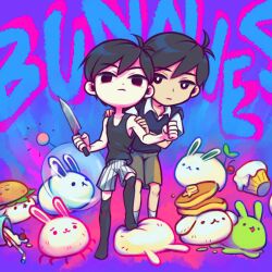  2boys antenna_hair black_eyes black_hair black_socks black_sweater_vest black_tank_top bright_pupils brown_shorts bug_bunny_(omori) bun_bunny_(omori) closed_mouth collarbone collared_shirt colored_skin cupcake cupcake_bunny_(omori) dual_persona food forest_bunny_(omori) hands_on_another&#039;s_shoulders highres holding holding_knife kneehighs knife laser-lance looking_at_viewer male_focus milkshake milkshake_bunny_(omori) multiple_boys omori omori_(omori) pancake pancake_bunny_(omori) shirt short_sleeves shorts slime_(substance) slime_bunny_(omori) socks space_bunny_(omori) sprout_bunny_(omori) striped_clothes striped_shorts sunny_(omori) sweater_vest tank_top vertical-striped_clothes vertical-striped_shorts white_pupils white_shirt white_shorts white_skin white_socks 