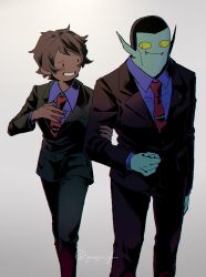  1boy 1girl adventure_time black_hair black_jacket black_pants blue_shirt blush boots brown_hair closed_mouth collared_shirt commentary_request dark-skinned_female dark_skin demon_boy elise_(adventure_time) fangs fingernails hand_on_another&#039;s_arm hunson_abadeer jacket long_sleeves necktie pants pointy_ears raya_(uk_0128) red_eyes red_necktie shirt short_hair slit_pupils smile suit very_short_hair 