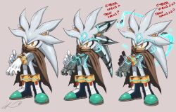  1boy animal_ears animal_nose body_fur bracelet cape furry furry_male gloves gold_bracelet grey_fur hedgehog_boy highres jewelry kooj_artz short_tail silver_the_hedgehog sonic_(series) tail 