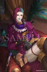  1boy black_boots black_gloves boots box commentary_request company_name copyright_notice gift gift_box gloves green_eyes green_hair green_lips inanome_me jacket joe_rikiichi joe_rikiichi_(6th_costume) looking_at_viewer male_focus multicolored_hair nijisanji official_alternate_costume official_alternate_hairstyle official_art open_clothes open_jacket pale_skin pants peacock_feathers purple_hair purple_jacket sample_watermark sitting solo split-color_hair teardrop_facial_mark two-tone_background virtual_youtuber watermark white_pants 