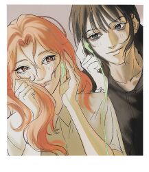  2girls baabr black_hair black_hoodie blush closed_mouth collared_shirt dutch_angle earphones hashtag-only_commentary hood hoodie kininatteru_hito_ga_otoko_ja_nakatta koga_mitsuki long_hair mole mole_under_eye multiple_girls oosawa_aya orange_eyes orange_hair parted_bangs shared_earphones shirt simple_background smile tattoo upper_body waveform white_shirt wrist_tattoo 