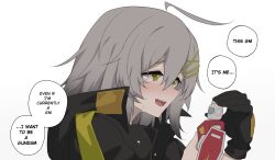  1girl act_(xadachit) ahoge black_jacket blush character_request close-up commentary copyright_request croque_(neural_cloud) crying crying_with_eyes_open dated_commentary english_text from_side girls&#039;_frontline_neural_cloud girls_frontline green_eyes grey_hair gundam hair_between_eyes hair_ornament hairclip highres hood hooded_jacket jacket medium_hair open_mouth parallel_hairclips portrait sidelocks simple_background solo tears teeth upper_teeth_only white_background 