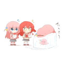  +_+ 2girls blue_eyes blush bocchi_the_rock! bow bowtie brown_sailor_collar brown_shirt brown_shoes chibi chibi_only closed_eyes closed_mouth commentary_request cube_hair_ornament flying_sweatdrops food full_body gotoh_hitori gotoh_hitori_(octopus) gotoh_hitori_(tsuchinoko) green_eyes grey_skirt hair_ornament holding holding_food holding_spoon ice ice_cube jacket long_hair long_sleeves multiple_girls one_side_up pants pants_under_skirt pink_hair pink_jacket pink_pants pleated_skirt rebecca_(keinelove) red_bow red_bowtie red_hair sailor_collar school_uniform shaved_ice shirt shoes shuka_high_school_uniform simple_background skirt socks sparkle spoon standing sweat track_jacket white_background white_socks 