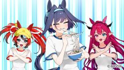  3girls :d baseball_cap black_hair blue_eyes blue_hair blue_shorts bowl bright_pupils chopsticks colored_tips commentary_request copyright_notice crossed_bangs double-parted_bangs eating extra_ears food food_in_mouth hair_between_eyes hair_intakes hakos_baelz hat headband heterochromia holding holding_bowl holding_chopsticks hololive hololive_english holopromise horns horse_girl horse_tail humi_kaga irys_(hololive) multicolored_hair multiple_girls noodles official_art open_mouth ouro_kronii pointy_ears purple_hair red_hair shirt short_hair short_sleeves shorts smile streaked_hair t-shirt tail twintails uneven_twintails violet_eyes virtual_youtuber white_hair white_pupils white_shirt x_arms yellow_hat 