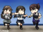  3girls arashio_(kantai_collection) arm_warmers bike_shorts black_hair braid brown_eyes brown_hair dated hair_ribbon hamu_koutarou isonami_(kantai_collection) kaga_(kantai_collection) kantai_collection multiple_girls muneate o_o pleated_skirt pose ribbon school_uniform serafuku side_ponytail skirt standing_on_one_leg suspenders teaching twin_braids wavy_mouth 