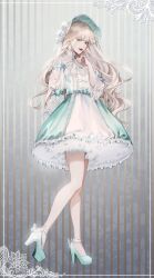  1girl absurdres arm_behind_back blackbox_(blackbox9158) blonde_hair blue_dress blue_nails blunt_bangs bonnet border brooch bug butterfly chest_bow dress flower frilled_dress frills full_body hand_on_own_chest hat hat_flower high_heels highres jewelry knees_together_feet_apart lace lace_sleeves lipstick long_hair looking_at_viewer makeup original ornate_border rose see-through_clothes see-through_sleeves smile solo standing standing_on_one_leg very_long_hair wavy_hair white_flower white_rose yellow_eyes 