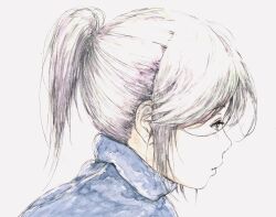  1girl absurdres bbmasa blue_track_suit closed_mouth commentary_request from_side gradient_background grey_background hibike!_euphonium high_ponytail highres kasaki_nozomi liz_to_aoi_tori ponytail portrait profile purple_hair short_hair solo track_suit traditional_media 