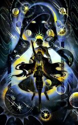  1girl 3boys abyssal_black_flame_dragon_(omniscient_reader&#039;s_viewpoint) arm_up black_dress bowing color_contrast dragon_horns dress empty_eyes evie_(baoxiao) full_body glowing glowing_eyes hair_flowing_over halo halo_behind_head hands_on_own_hips highres horns long_hair looking_at_viewer looking_back low_ponytail multiple_boys muscular muscular_male neck_ribbon omniscient_reader&#039;s_viewpoint planet pointy_ears ponytail ribbon saturated secretive_plotter shorts sidelocks silhouette size_difference smirk standing star_(symbol) starry_sky_print sun sun_wukong_(omniscient_reader&#039;s_viewpoint) tunic uriel_(omniscient_reader&#039;s_viewpoint) very_long_hair walking_towards_viewer 