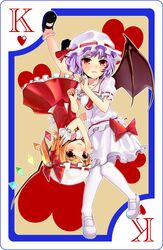  bat_wings blonde_hair fenyuat flandre_scarlet hat highres lavender_hair mary_janes multiple_girls playing_card red_eyes remilia_scarlet shoes short_hair siblings side_ponytail sisters touhou wings 