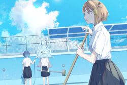  3girls alternate_costume black_skirt blue_sky broom brown_eyes brown_hair bucket cleaning_pool clouds fence gradient_hair hair_flaps hair_rings highres holding holding_broom holding_bucket hose medium_hair multicolored_hair multiple_girls open_mouth outdoors pleated_skirt pool school_uniform sendo_yuuhi shirt shirt_tucked_in short_sleeves single_hair_ring skirt sky spraying sweat tsubu_(kappunioyu562) tsumugi_kokage vspo! white_shirt yano_kuromu 