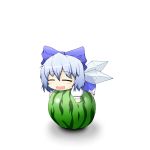  blue_hair bow cirno closed_eyes dress eyes_closed food fruit hair_bow hiro_(pqtks113) holding holding_fruit melon short_hair solo touhou watermelon wings 