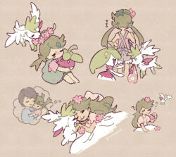  1girl ? aged_down alternate_costume alternate_hairstyle bag blanket bounsweet closed_eyes closed_mouth commentary_request dot_mouth dreaming eyelashes flower flying flying_sweatdrops gracidea green_hair grey_background hair_down head_wreath holding holding_bag holding_flower holding_pokemon long_hair mallow&#039;s_mother_(pokemon) mallow_(pokemon) mouth_hold multiple_views open_mouth overall_shorts overalls pink_eyes pink_flower pokemon pokemon_(anime) pokemon_(creature) pokemon_sm_(anime) shaymin shaymin_(sky) short_sleeves simple_background single_tear smile speech_bubble steenee thought_bubble twintails under_covers yellow_eyes yurano_(upao) 