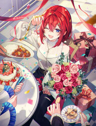  1boy 3girls ange_katrina ange_katrina_(5th_costume) arm_up aubrey_(kyarairo) banken_(inui_toko) bare_shoulders belmond_banderas belt birthday birthday_cake black_belt blue_eyes blue_pants bouquet box breasts cake chair chromatic_aberration clothing_cutout commentary_request confetti cookie crossed_bangs curry curry_rice denim earrings feet_out_of_frame flower food frilled_shirt_collar frilled_sleeves frills gift gift_box gold_earrings gold_necklace hair_between_eyes hair_ornament hairpin happy_birthday highres holding holding_bouquet holding_cookie holding_food holding_party_popper holding_plate inui_toko inui_toko_(1st_costume) jeans jewelry layered_shirt lize_helesta lize_helesta_(1st_costume) long_bangs long_sleeves medium_hair multicolored_nails multiple_girls multiple_hairpins nail_polish necklace nijisanji on_chair one_eye_closed out_of_frame pants party_popper pink_flower pink_rose plate puffy_long_sleeves puffy_sleeves red_flower red_hair red_nails red_rose rice rose sanbaka_(nijisanji) sebastian_piyodore shirt shirt_tucked_in shoulder_cutout single_earring single_hair_intake sitting small_breasts solo_focus streamers tile_floor tiles torn_clothes torn_jeans torn_pants triangle_earrings twitter_username virtual_youtuber white_shirt yellow_nails 