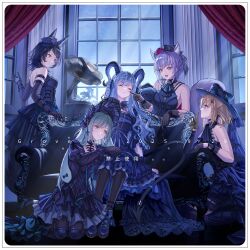  5girls animal_ears arknights artist_name ave_mujica_(bang_dream!) bang_dream! bang_dream!_it&#039;s_mygo!!!!! black_bonnet black_dress black_gloves black_hair black_horns black_pantyhose black_ribbon black_shoes blonde_hair blue_eyes blue_hair bonnet border bow breasts cat_ears cat_girl cheek_poking chinese_commentary closed_mouth commentary_request couch curled_horns curtains demon_tail detached_collar dog_ears dog_girl dress ear_bow elbow_gloves floppy_ears frilled_dress frills full_body gloves gothic_lolita green_hair grover.y hair_ribbon highres horns index_finger_raised indoors kemonomimi_mode kneeling lolita_fashion long_hair long_sleeves looking_at_another medium_breasts medium_hair misumi_uika misumi_uika_(caged_singer) multiple_girls night pantyhose phonograph poking profile purple_hair rabbit_ears rabbit_girl ribbon shoes short_hair sidelocks sitting sleeping smile standing tail togawa_sakiko togawa_sakiko_(master_of_melodia) two_side_up violet_eyes wakaba_mutsumi wakaba_mutsumi_(marionette&#039;s_id) white_border window wolf_ears wolf_girl yahata_umiri yahata_umiri_(moonlight_executioner) yellow_eyes yuutenji_nyamu yuutenji_nyamu_(magician_of_passion) 