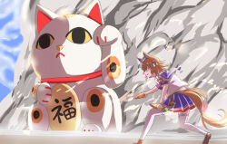  1girl anikinoihai893 animal_ears blue_sailor_collar blue_skirt blush carrot daruma_doll daruma_doll_hair_ornament ear_covers ema hair_between_eyes hair_ornament holding holding_carrot horse_ears horse_girl horse_tail maneki-neko matikanefukukitaru_(rising_fortune)_(umamusume) matikanefukukitaru_(umamusume) orange_hair parted_lips sailor_collar school_uniform serafuku shirt short_hair short_sleeves single_ear_cover skirt solo tail thigh-highs umamusume white_shirt white_thighhighs 