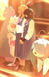  1boy 1girl 1other alternate_costume blonde_hair brown_hair covered_eyes dad_cat_(deltarune) deer_girl deltarune from_side full_body furry furry_female furry_male group_picture hair_over_eyes highres hooves horns kris_(deltarune) lantern_madoyoi light_particles medium_hair music noelle_holiday open_mouth own_hands_together purple_robe robe short_hair shyren singing smile snowdrake standing utdr_(toby_fox) 