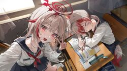  2girls absurdres animal_ears blue_sailor_collar blue_skirt book chair chii_(chiiriring) classroom closed_eyes desk drawing_on_another&#039;s_face dtto. eraser fox_ears fox_girl fox_tail hair_between_eyes hair_ornament halo highres holding holding_pencil indoors long_sleeves looking_at_viewer mechanical_pencil multicolored_hair multiple_girls notebook open_mouth pencil pencil_case pleated_skirt red_hair red_halo reject_(esports) ribbon sailor_collar sailor_shirt school_chair school_desk school_uniform selfie serafuku shirt sitting skirt skull_hair_ornament sleeping sleeping_on_desk smile streaked_hair syusetu_kohaku tail v vee_(vtuber) virtual_youtuber white_hair white_serafuku white_shirt window winter_uniform 