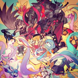  absurdres alcremie alternate_color black_hat blonde_hair charizard corviknight dragapult eevee gardevoir glaceon goodra hat haxorus highres hiro_(user_negm3832) milotic mimikyu morpeko morpeko_(full) morpeko_(hangry) ninetales pokemon pokemon_(creature) shiny_pokemon star_(symbol) sylveon thievul umbreon 