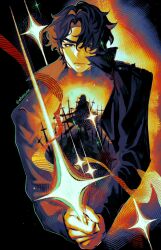  2boys abstract black_eyes black_hair curtained_hair dual_persona evie_(baoxiao) glint hair_between_eyes highres looking_at_viewer male_focus multiple_boys omniscient_reader's_viewpoint planted planted_sword serious short_hair sparkle stairs sword symbolism too_many_weapons weapon yoo_joonghyuk 